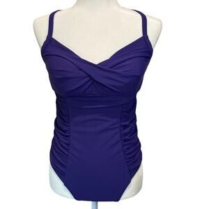 Athleta Twister One Piece Swimsuit Sz 34 D/DD Tall Ruched Purple Cutout Back